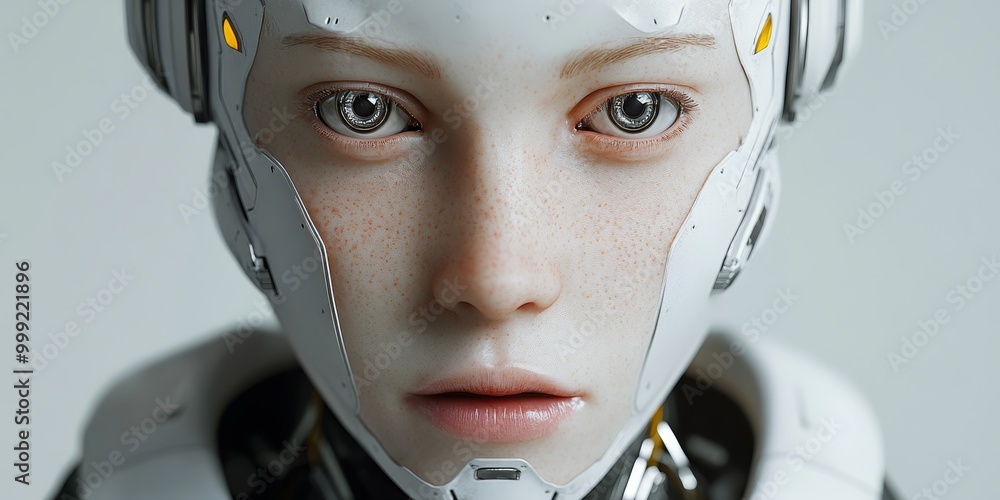Aufkleber a humanoid robot's face, showcasing advanced design with lifelike features and expressive capabilities, blending technology and realism.