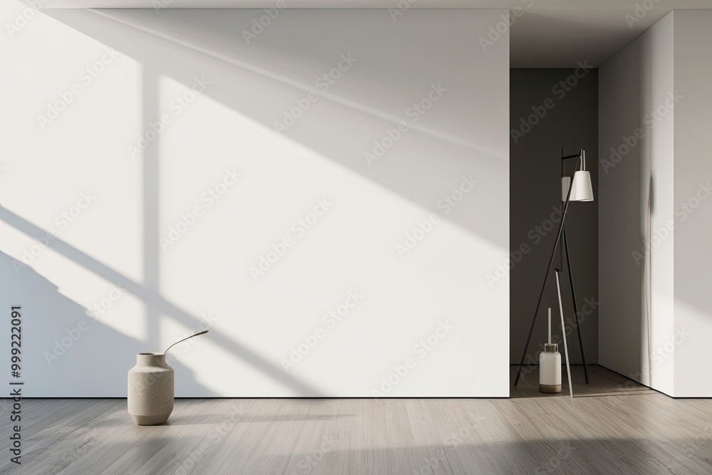 Poster minimalist white canvas design with subtle shadows for showcasing products in contemporary indoor en