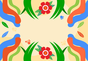 floral background. Field and garden flowers, wildflowers, leaf plants, branches. Delicate red flowers. Botanical natural flat vector illustration isolated on yellow background