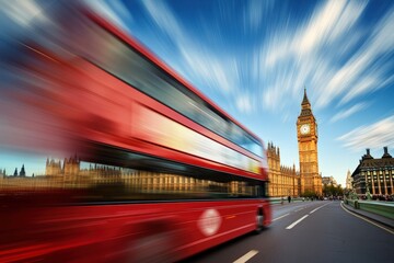 fast-moving red bus in front of big ben and parliament buildings