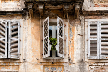 Windows of old building in Corfu Town, Greece