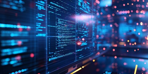 Obraz premium Detailed view of a data scientists workstation, showcasing live code on a monitor, with machine learning models being trained, reflecting cutting-edge AI development.