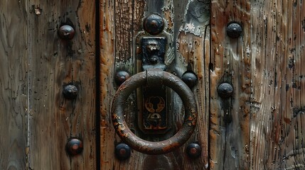 Old wooden door with rusty knocker in the shape of a circle