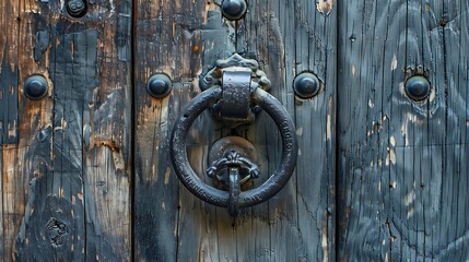 Old wooden door with rusty knocker in the shape of a circle