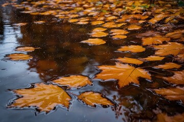 Autumn Rain Reflections on Amber Leaves in Foliage