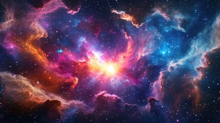 Naklejka premium Exploding supernova lights up vibrant space nebula with swirls of color, surrounded by starry cosmos. Infinite universe mystery.