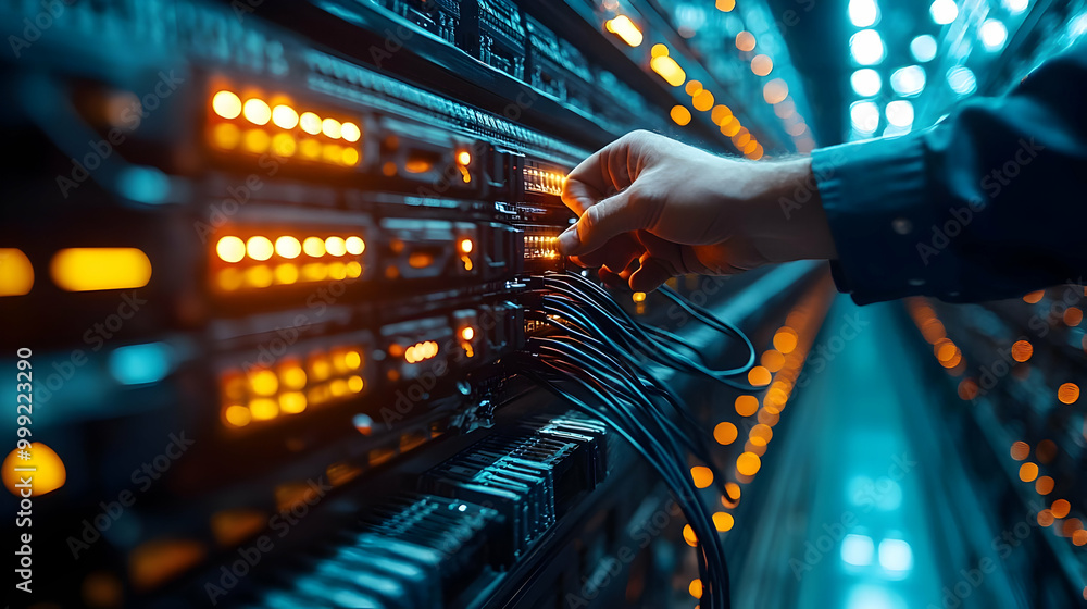 Poster connecting cables in a server room, technology infrastructure and data center