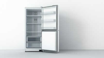 A clean, empty refrigerator with adjustable shelves, isolated on a white background