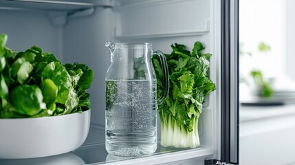 A fridge with a water jug and fresh greens inside, isolated on a white background