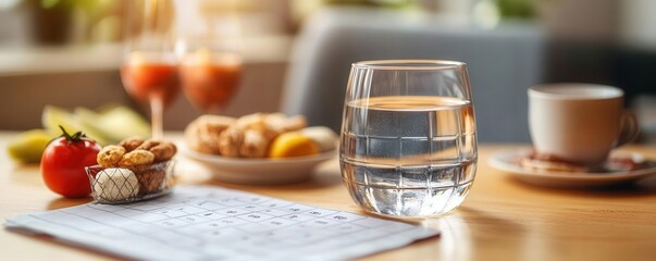 Naklejka premium Calendar marked with fasting hours, with a glass of water and light snacks ready for the eating window