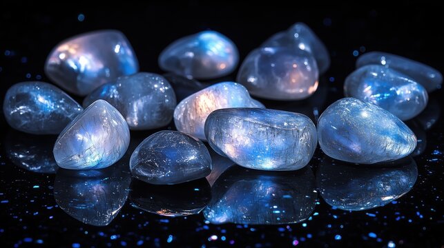 Scattered moonstones glimmer ecstatically on a sleek black surface, reflecting mystical hues in a breathtaking celestial display