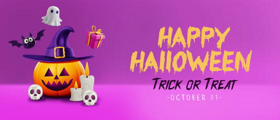 3D Happy Halloween 2024 Background with Melted Text, Pumpkin Jack-O'-Lantern, Witch Hat, Flying Ghost, Bat and Gift Box. 3D Halloween Banner, Background, Template, Sale, Social Media Feed. 