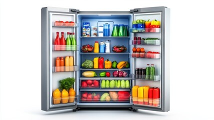 A large family refrigerator stocked with groceries, isolated on a white background