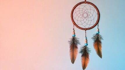 Dream Catcher with Feathers and Beads on a Pastel Background