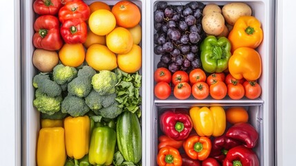 A side-by-side refrigerator filled with fresh produce, isolated on a white background