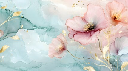 Delicate floral illustration with pastel colors and alcohol ink art on an elegant wallpaper
