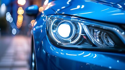 Close up of the headlight of a blue sport car with glowing lights.