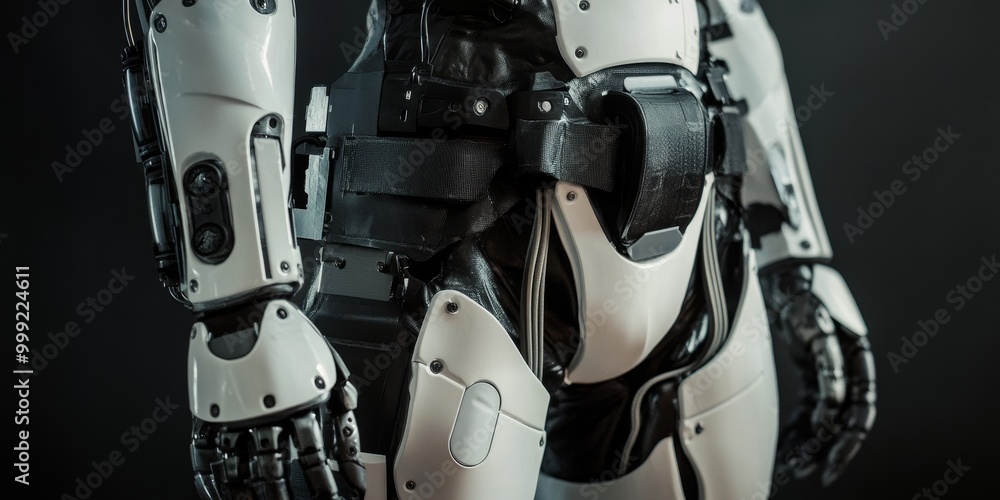 Poster a robotic exoskeleton, highlighting its ergonomic design with powerful actuators that enhance human 