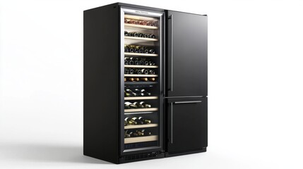 A stylish fridge with a built-in wine cooler, isolated on a white background