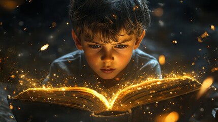 Curious boy immersed in a captivating book, his thirst for knowledge a reflection of the power of inspiration