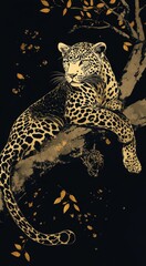 Minimalist vector art print of an elegant leopard on a tree, with a black and gold color palette and metallic accents