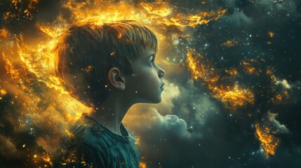 Imaginative boy lost in his own creative world, his mind soaring with the possibilities of the future