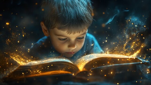 Curious boy immersed in a captivating book, his thirst for knowledge a reflection of the power of inspiration