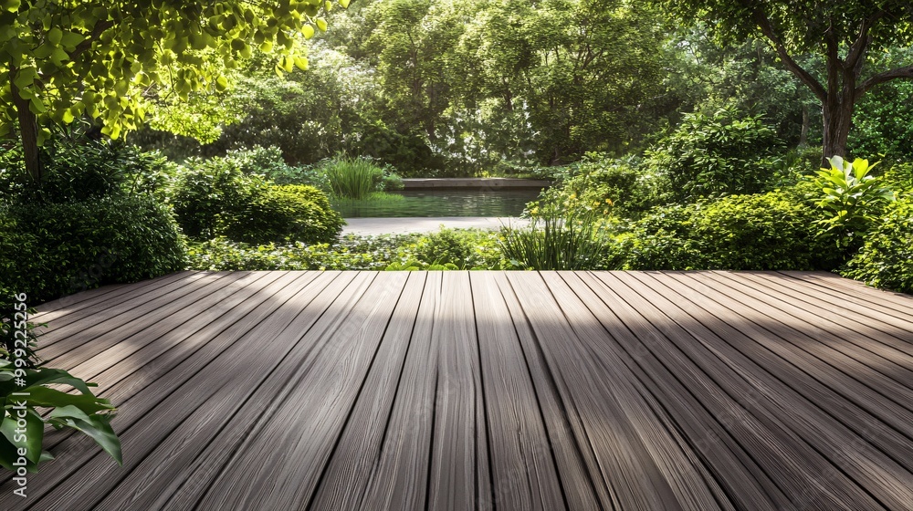 Sticker Wooden floor overlooking a lush green garden with pond.