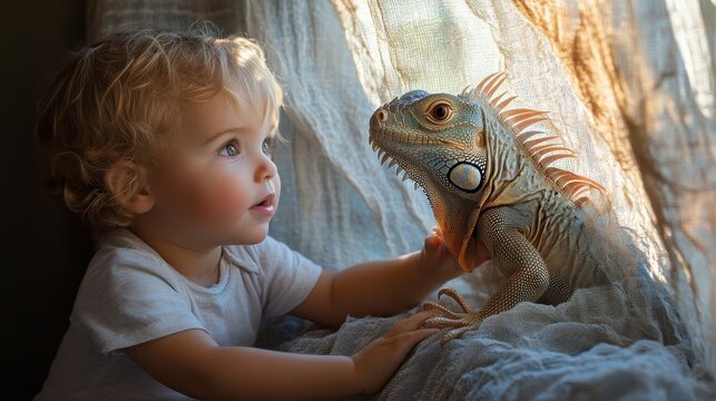 A rambunctious young child and their playful iguana climbing the curtains, leaving claw marks - Studio light