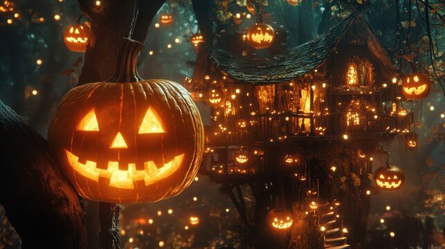 Enchanting Treehouse Halloween Soiree with Glowing Jack-o'-Lanterns