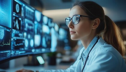 Fototapeta premium Remote patient care with doctors and nurses monitoring health data on screens, modern setting, sharp focus