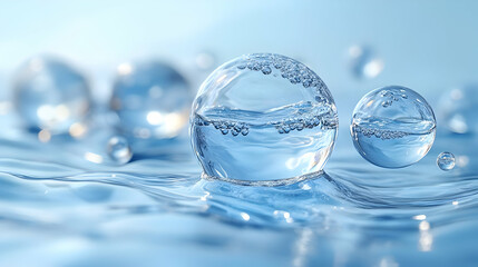 Water Droplets Floating in a Clear Blue Liquid