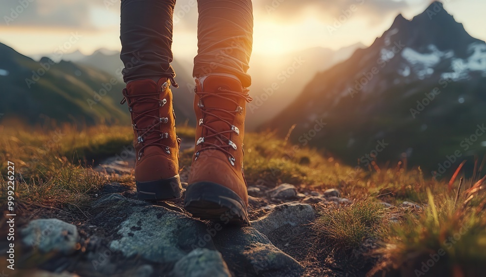 Wall mural solo hiking adventure with a person on a mountain trail, scenic landscape, sharp focus, bright light