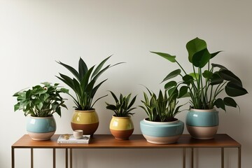 Obraz premium Stunning Houseplants in Elegant Ceramic Pots Displayed on a Soft White Wall