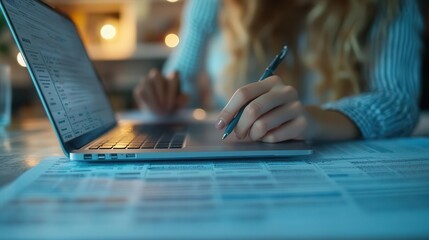 Fototapeta premium Tax preparation software with users inputting information on a laptop, tech-savvy style, sharp focus