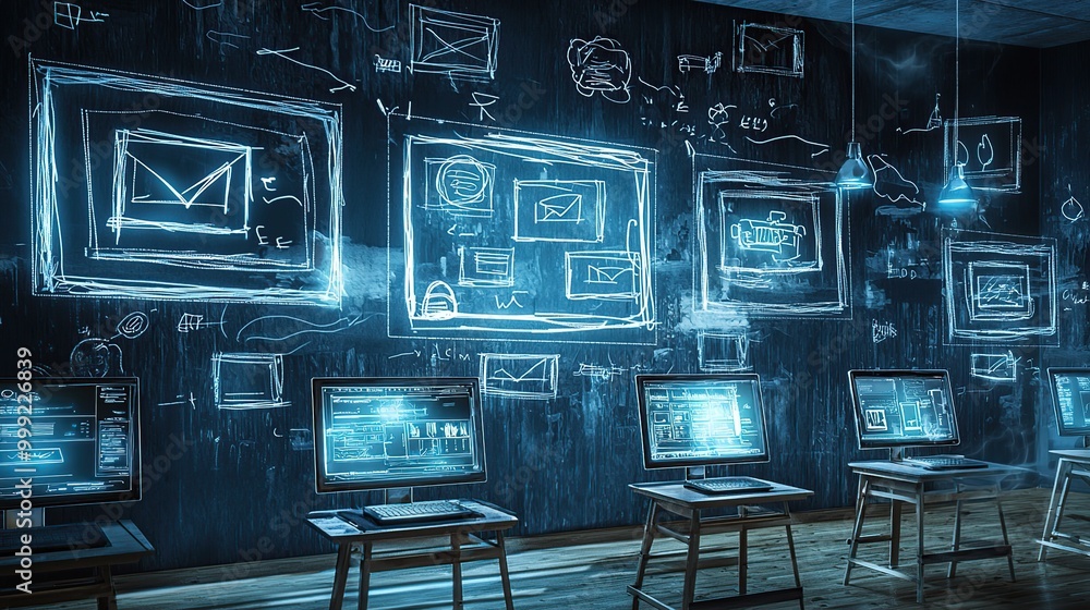 Poster blue glowing illustrations of web design concepts on a dark wall with computer monitors in a dark ro