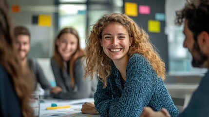 Smiling team collaborating on innovative ideas, motivation and creativity flowing freely