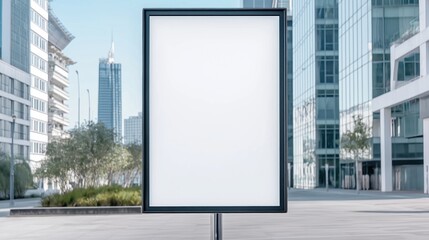 Obraz premium A blank advertising screen stands prominently in a bustling downtown area characterized by sleek, modern architecture and vibrant energy