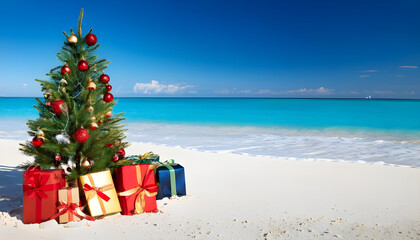 Christmas in the Tropics: Festive Gifts Under a Palm Tree on a Sunny Beach with Crystal Blue Ocean in the Background