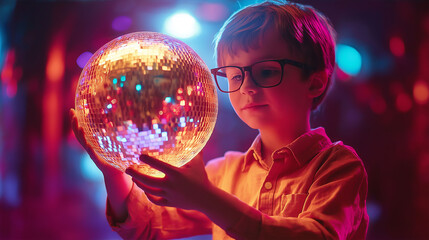 Naklejka premium A young boy in glasses touches a disco ball with his hands. Children's disco, party.