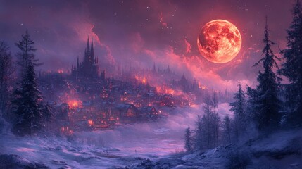 Naklejka premium Enchanted Night: Werewolves Howling at Pizza Moon in Festive Town