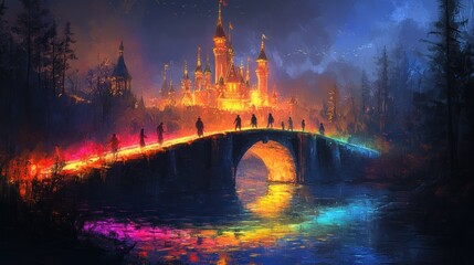 Fototapeta premium Trick-or-treaters crossing a glowing rainbow bridge to a candy castle