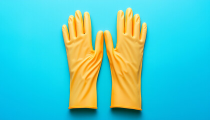 Obraz premium A pair of yellow rubber gloves placed on a blue background, symbolizing cleanliness and protection for household tasks.