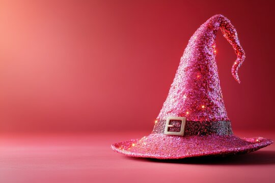 Glittery Pink Witch Hat on Solid Deep Red Background &ndash; Space for Text or Graphics

