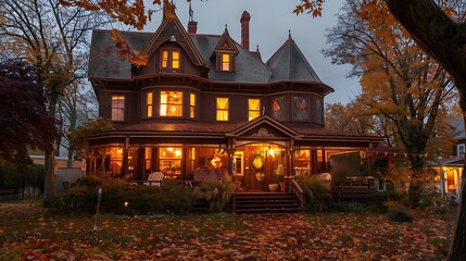 Charming Victorian house with warm glow from windows surrounded by colorful autumn leaves for creating cozy atmosphere seasonal beauty and nostalgic architectural charm concept.