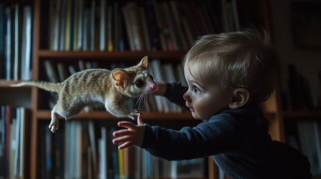 A rambunctious young child and their playful sugar glider gliding from bookshelf to bookshelf - Studio light