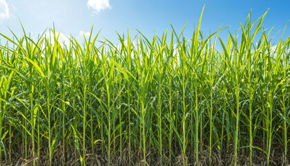 Obraz premium A vibrant field of tall green grass under a clear blue sky, showcasing the beauty of nature and agricultural landscapes.