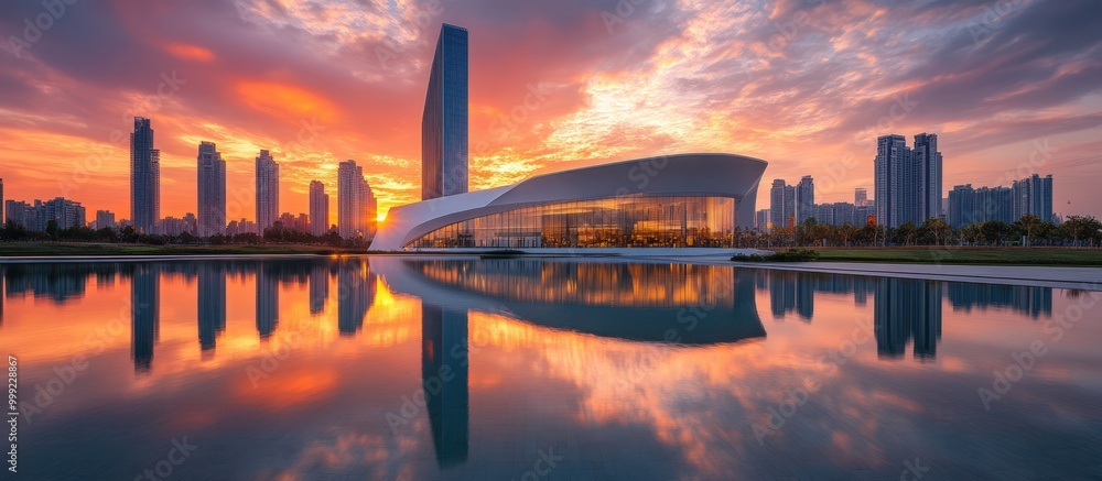 Poster modern architecture reflected in a calm lake at sunset with a colorful sky.