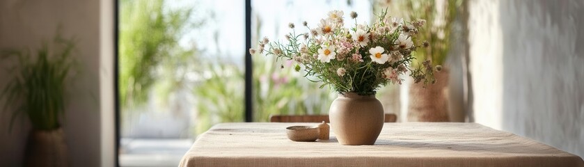 Hemp tablecloth spread on a rustic dining table, with a vase of fresh flowers, natural home decor