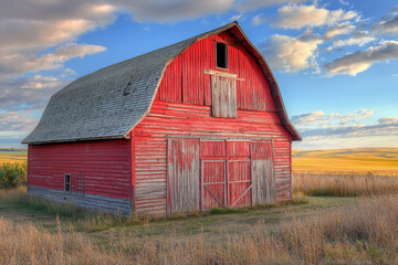 Obraz premium A vibrant red barn stands amidst golden fields under a dramatic sky, capturing rural charm and agricultural heritage.